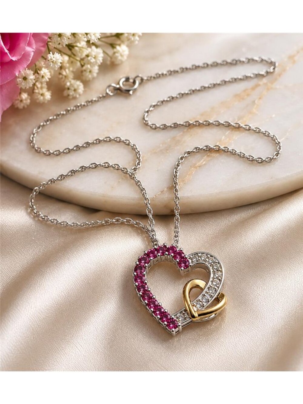 Kay Jewelers 925 Sterling Silver 10K Gold Diamond Pink Sapphire Heart Necklace